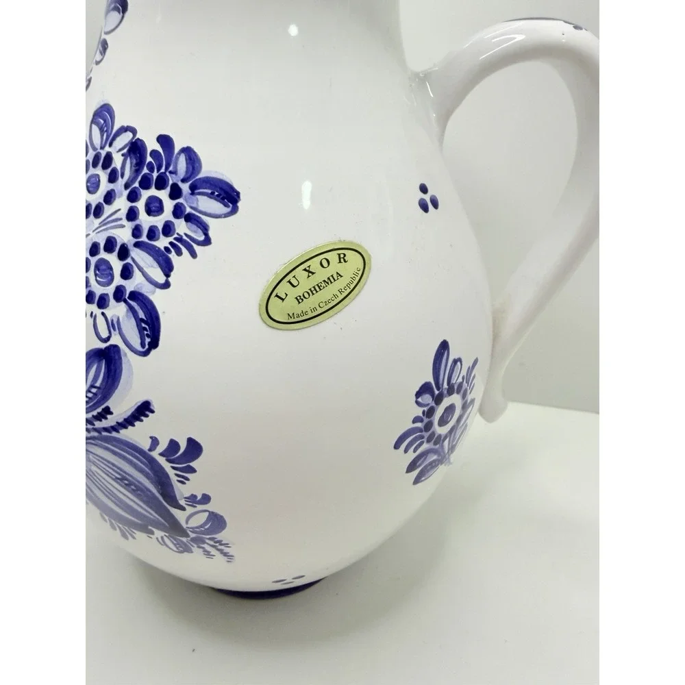 Vintage Luxor Bohemia Pitcher‎ Vase Hand Painted Blue Floral Czech Republic 9